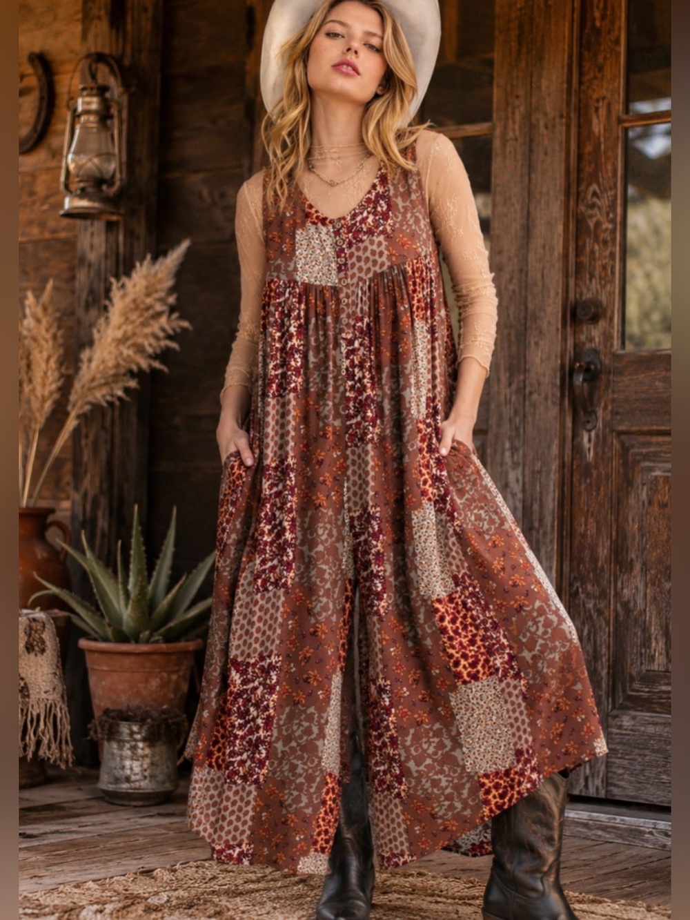 NEW‼️ Easel Women's ⭐️ Patchwork Print Wide-Leg Jumpsuit - Mocha
